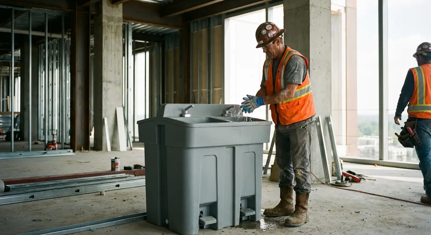 A dual-basin hand wash station positioned on a concrete floor of a high-rise construction site with the city skyline visible through open steel framing. in Flint, MI
