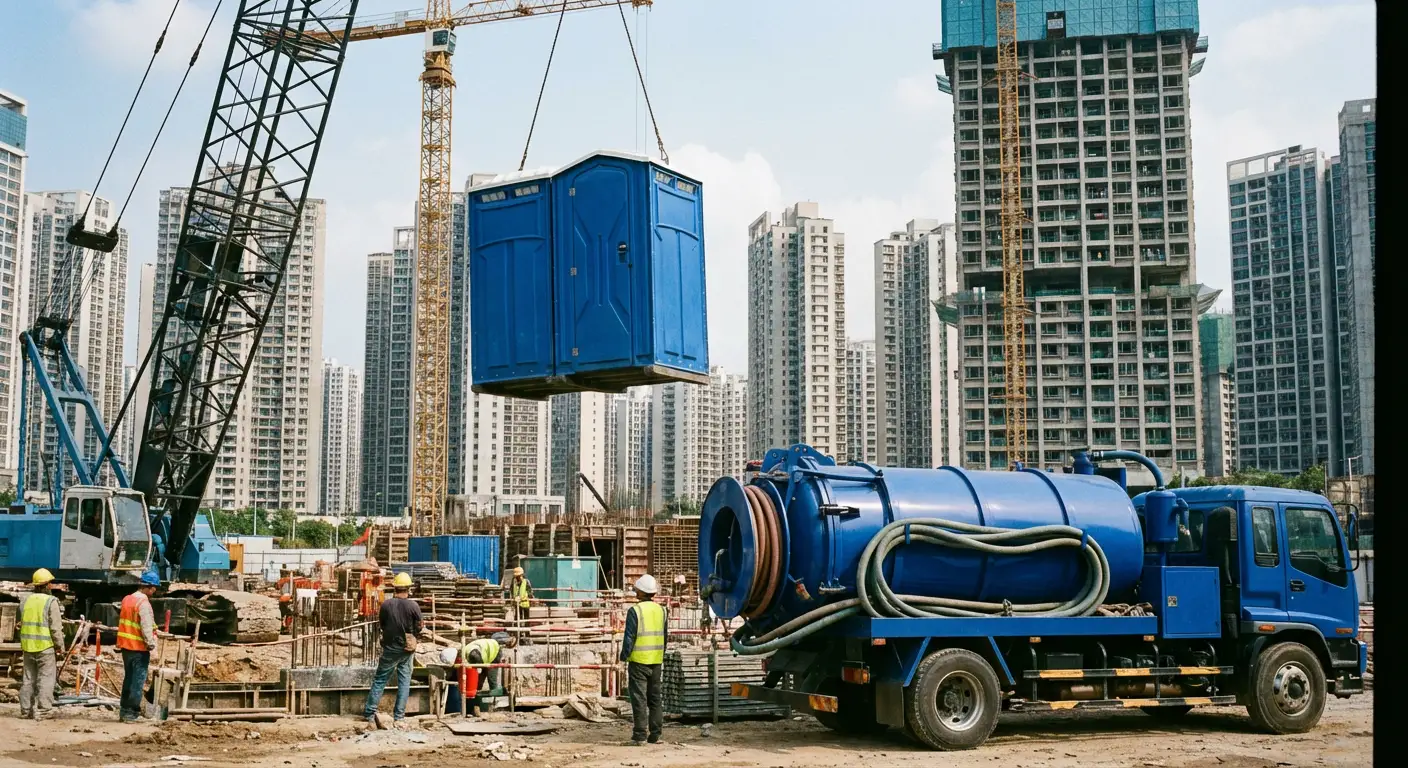 A High-Rise Crane Liftable Toilet unit suspended in mid-air by a crane against a city skyline during the day, showcasing the steel sling attachment. in Flint, MI