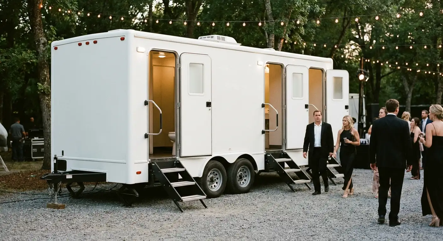 Exterior of a Luxury Restroom Trailer at an evening event, warm lighting spilling from the door, positioned discreetly near a manicured lawn. in Flint, MI