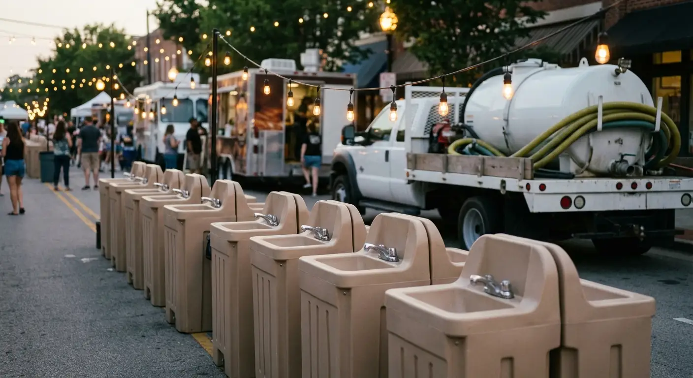 A row of clean, grey portable hand wash stations set up on pavement near food trucks, with blurred festival lights and crowd in the background. in Flint, MI