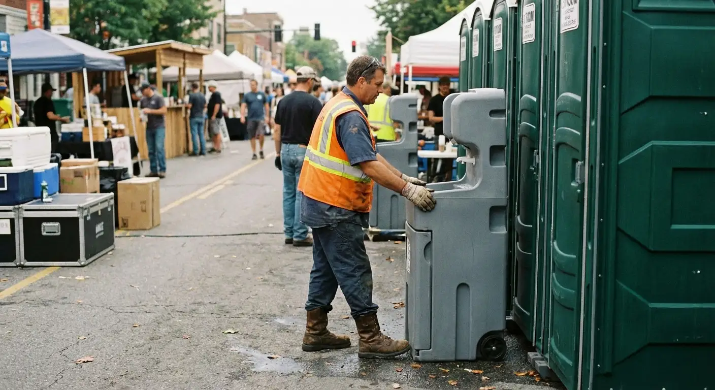 A row of pristine Special Event Portable Restrooms and hand wash stations lined up along a festival barrier with blurred crowds in the background. in Flint, MI