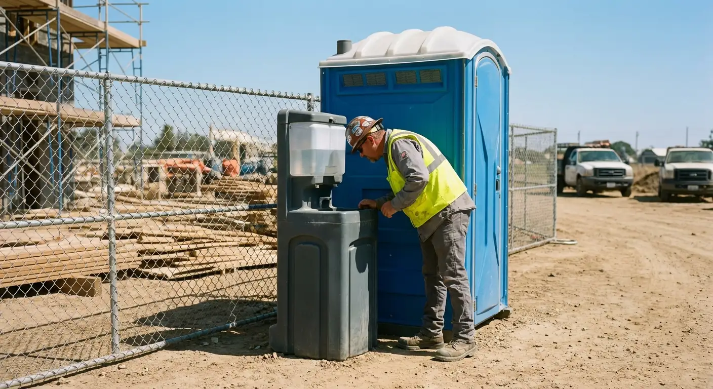 A close-up view of a portable hand wash station next to a portable toilet on a dirt construction site, focusing on the foot pump mechanism. in Flint, MI