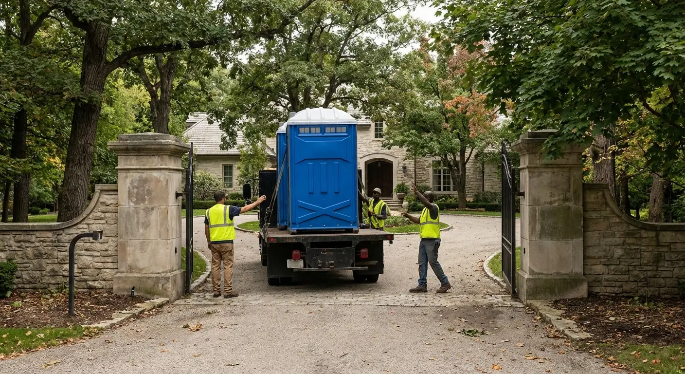 Genesee Portable Toilets team navigating a complex delivery site in Flint