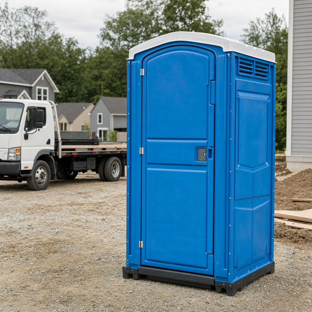 Delivery driver positioning a clean royal-blue portable toilet on level ground at a Flint worksite