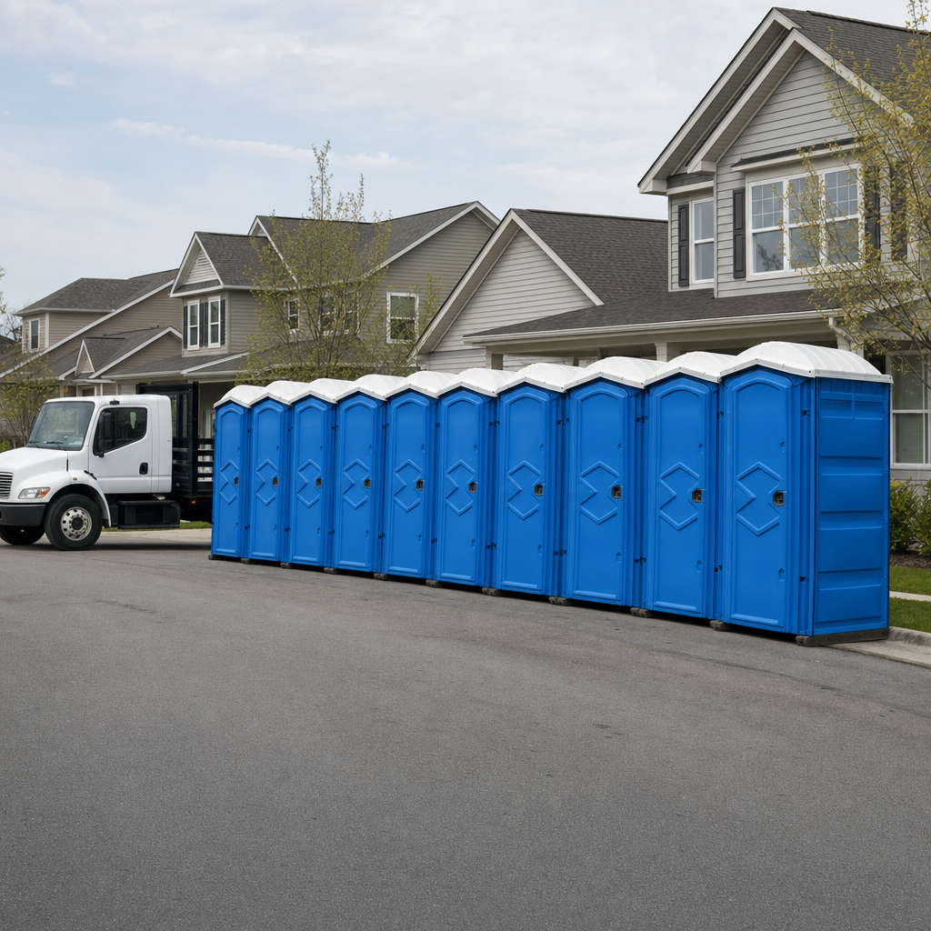 Royal blue portable toilets staged in a tidy row at a Flint jobsite, ready for delivery